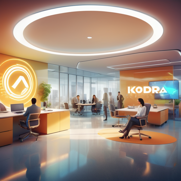An office buzzing with professionals using futuristic technology around a luminous Koidra logo.