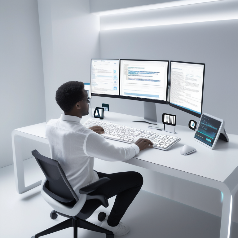 Marketer at a modern desk with AI caption generator interfaces on the monitor and floating social media icons.
