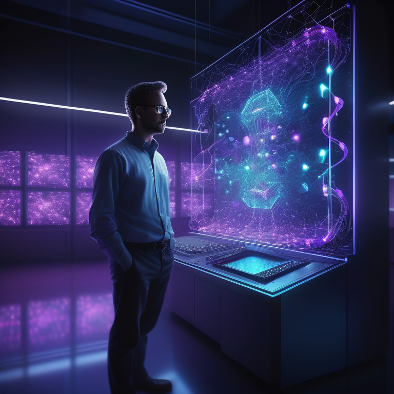 A scientist marvels at a quantum computer with neon qubits in a shadowy lab setting.