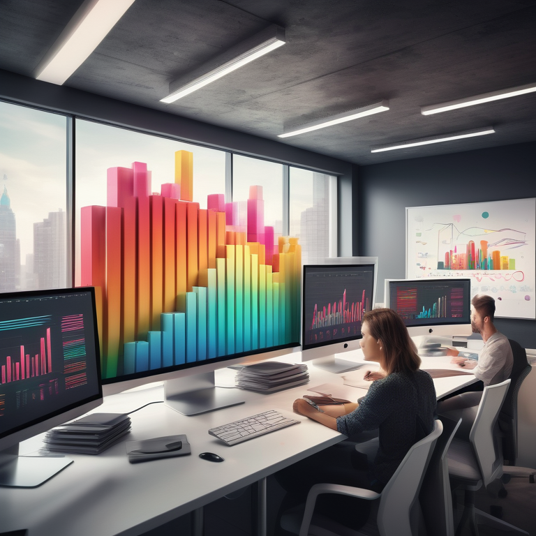 A diverse team engaged in examining YouTube display ad growth on a monitor in a well-lit office setup.