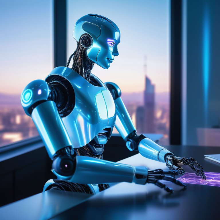 Futuristic robot at a desk analyzing holographic streams with a digital skyline background.