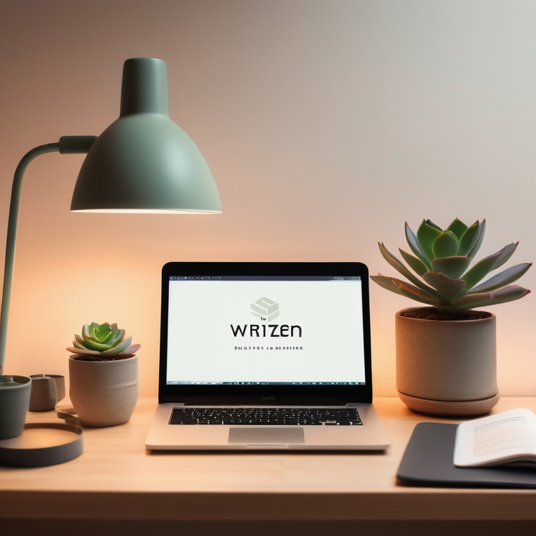 A modern desk with an open laptop showing WriterZen, next to potted succulents, with an abstract SEO-related backdrop.