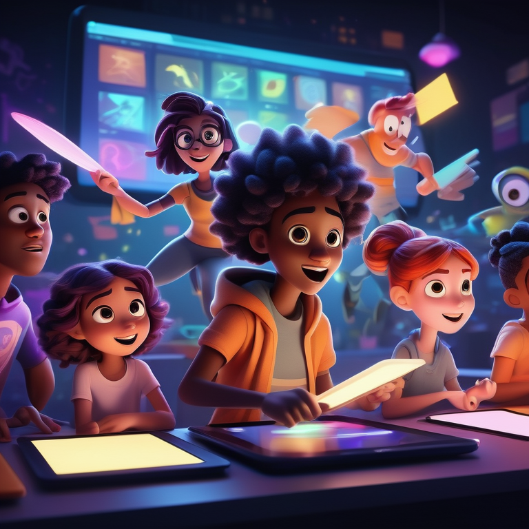 A digital artist animates varied characters on a tablet in a softly illuminated studio, depicting motion and creativity.