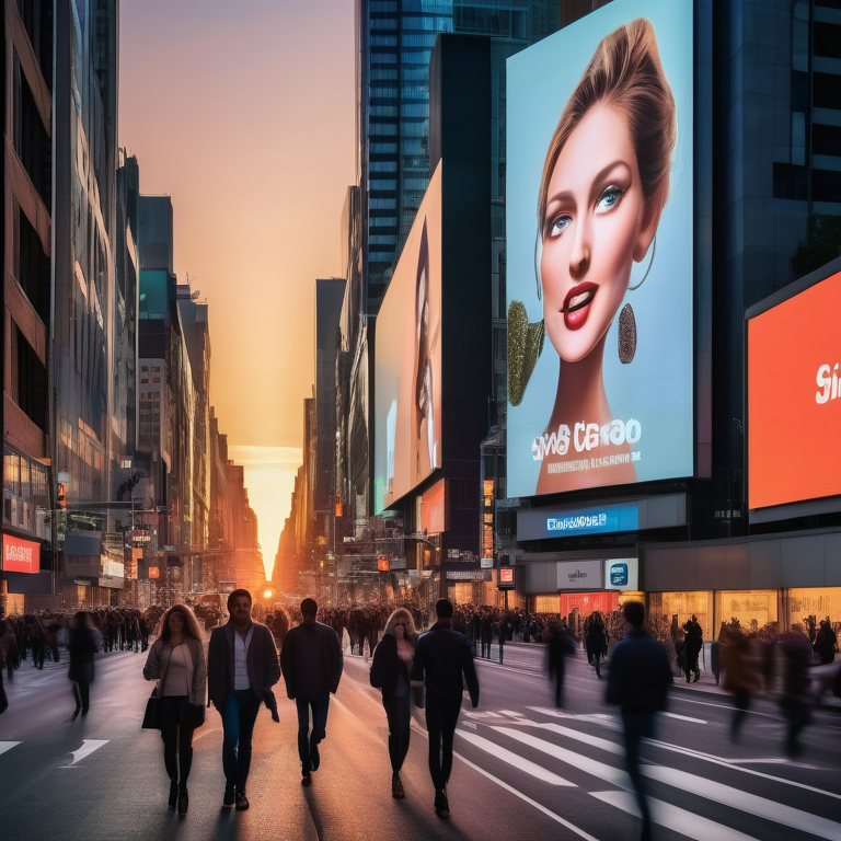 Pedestrians on a city street lit by vibrant digital billboards displaying various marketing ads at dusk.