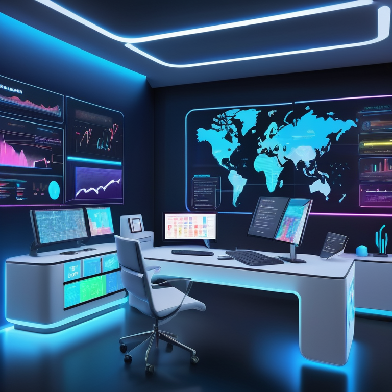 Futuristic command center with floating screens showing ad metrics and a central glowing digital assistant.