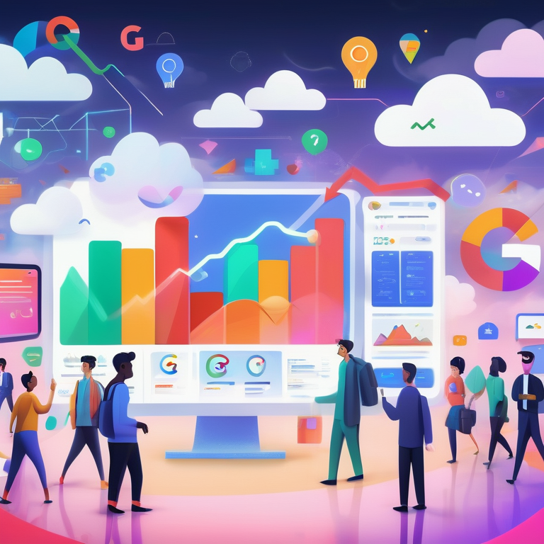 Animated marketplace with figures engaging with a bright Google Ads interface, symbolizing analytics success.