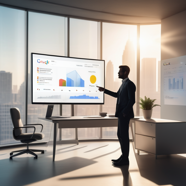 Consultant in a modern office points at a holographic Google Ads display, indicating strategic online advertising.