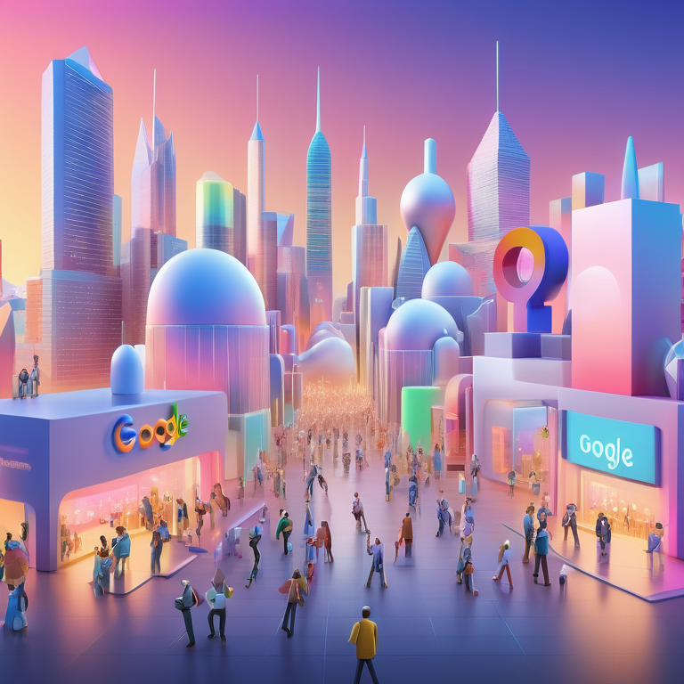 Miniature business owners surround a glowing Google Ads logo against a neon-lit digital cityscape at dawn.