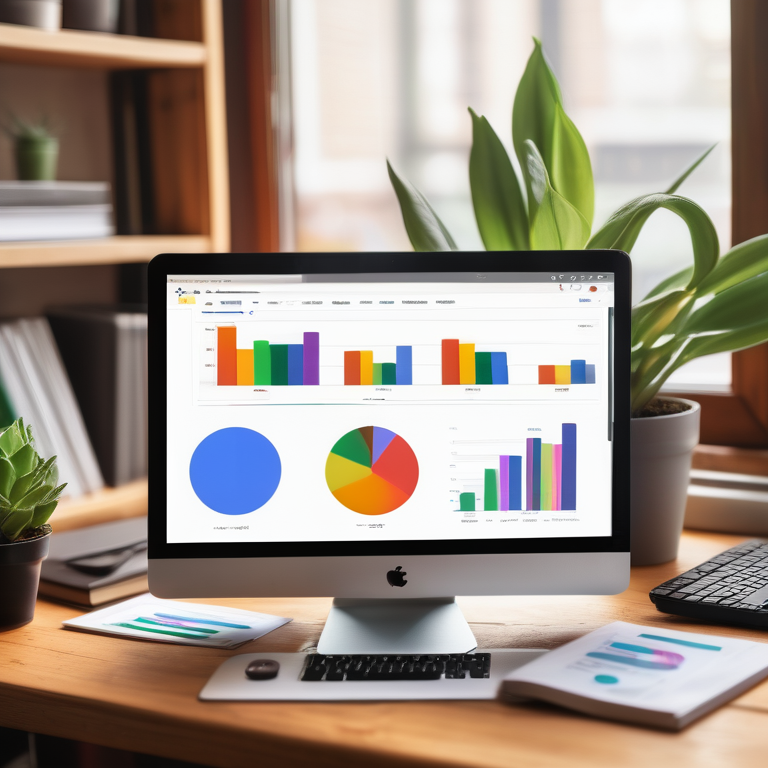 A computer displaying Google Ads analytics on a desk with office essentials.