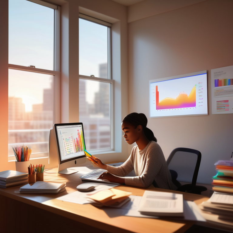 A beginner studies Google Ads on a computer among notes and books in a warmly lit office.