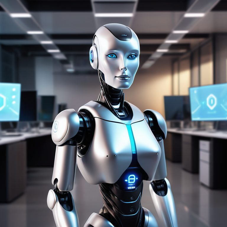 AI robot with MeetElise logo managing holographic property screens in a modern office.