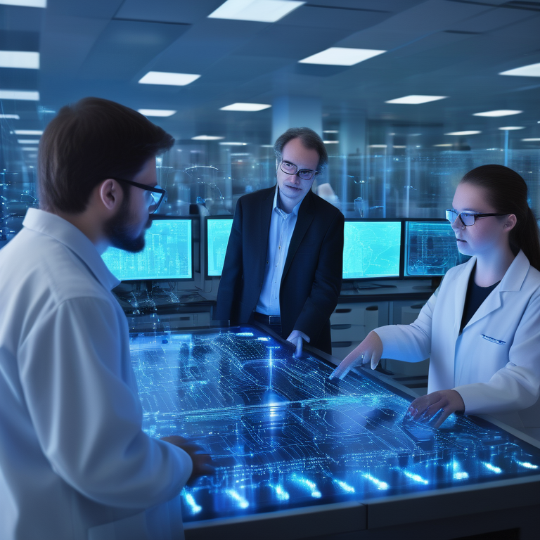 Engineers marvel at the Claude AI server in a high-tech lab with blue illumination.