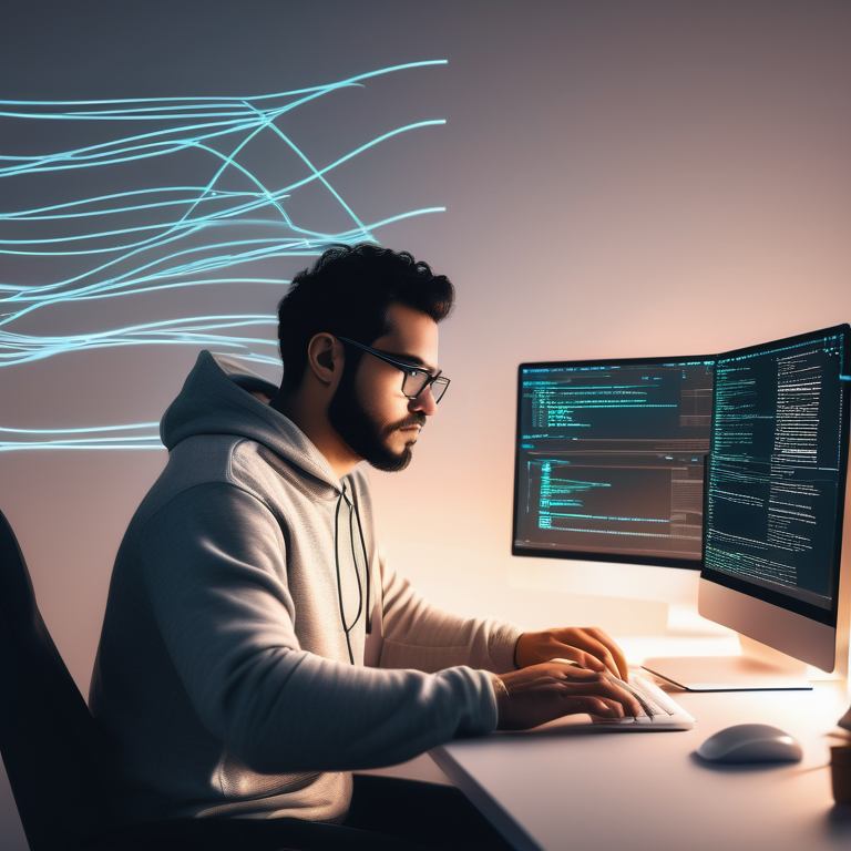 Developer in a home office coding on a dual monitor setup, with NextJS references around.