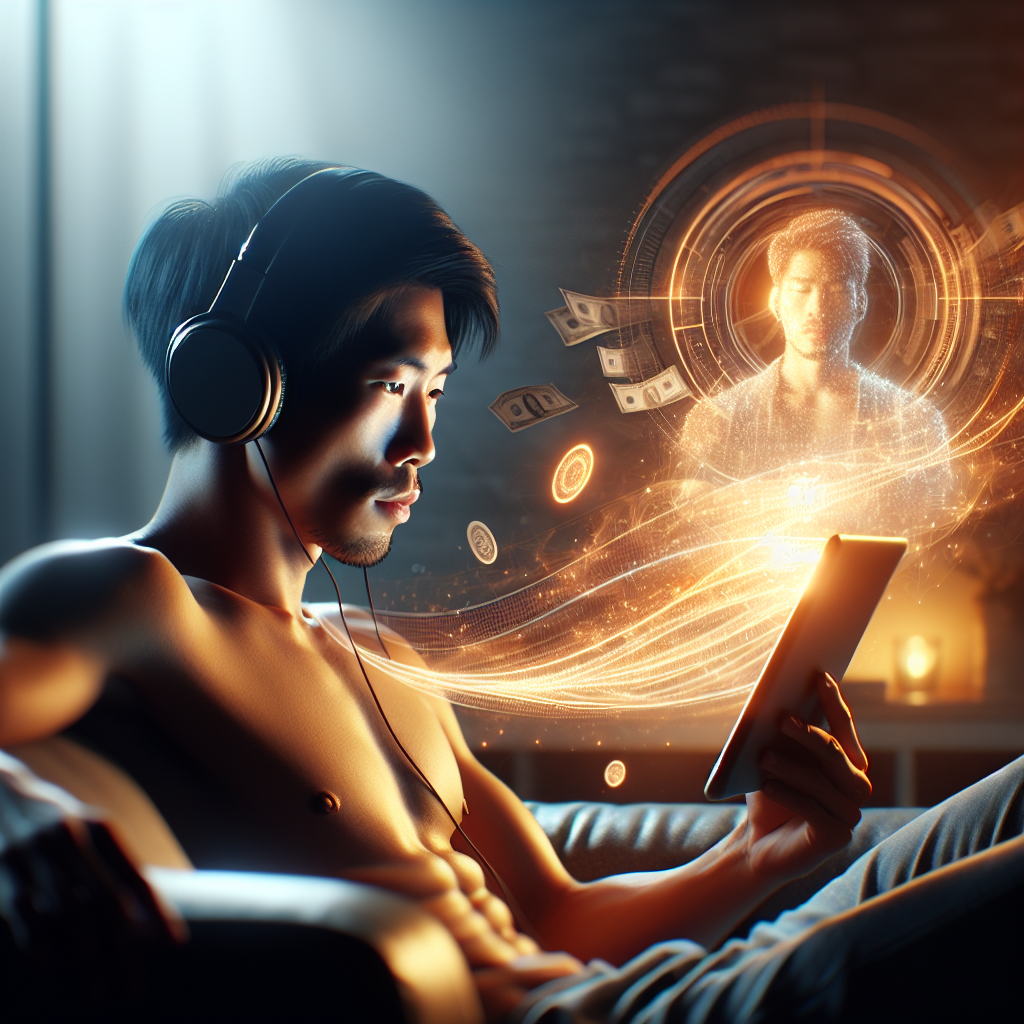 Person lounging with headphones and tablet enjoying YouTube Premium with glowing screen and floating currency.