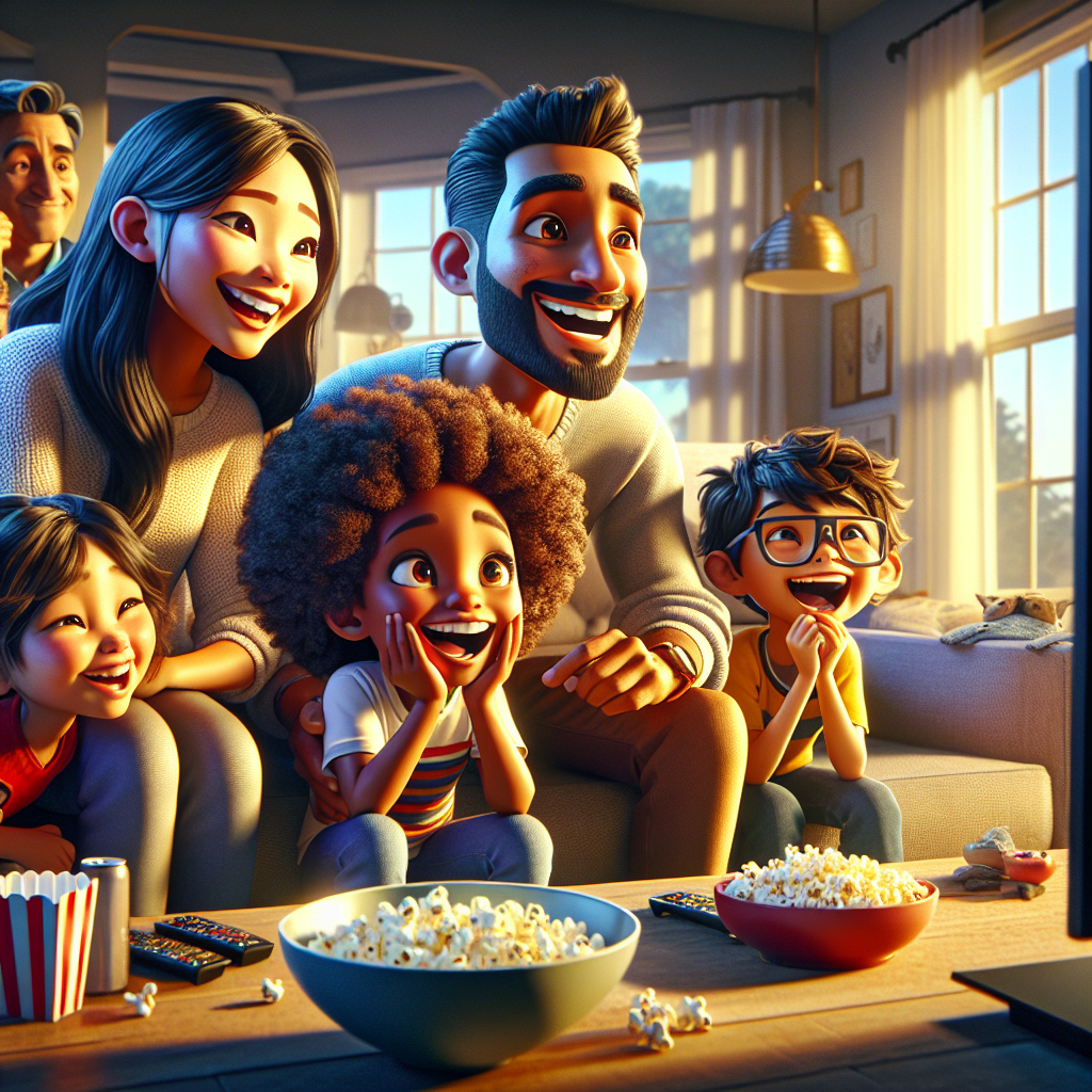 A family watching YouTube ads on a smart TV in a sunlit living room, exuding warmth and engagement.