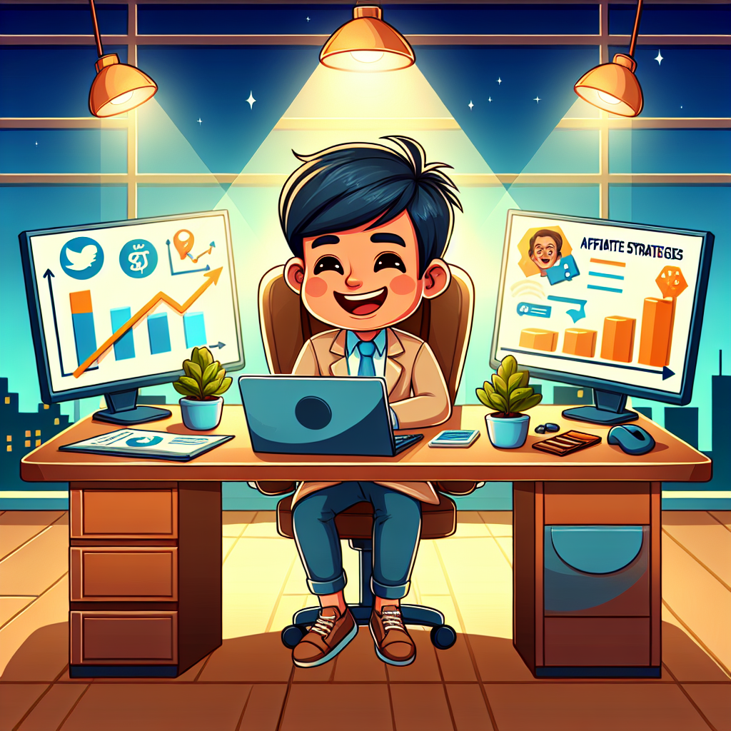 Cartoon YouTuber with headphones at a desk displaying affiliate marketing trends.