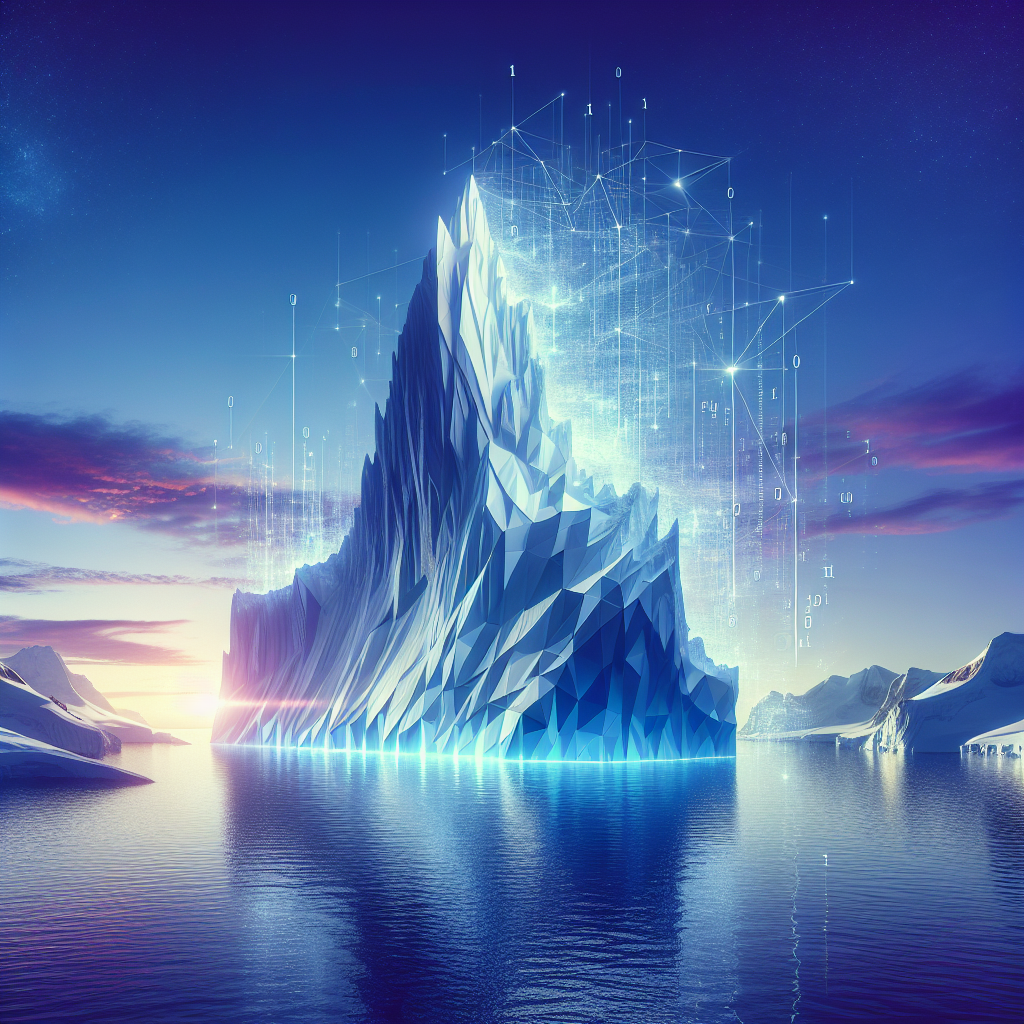 An iceberg symbolizing data structure reflects light under a binary code sky, with an Antarctic horizon.