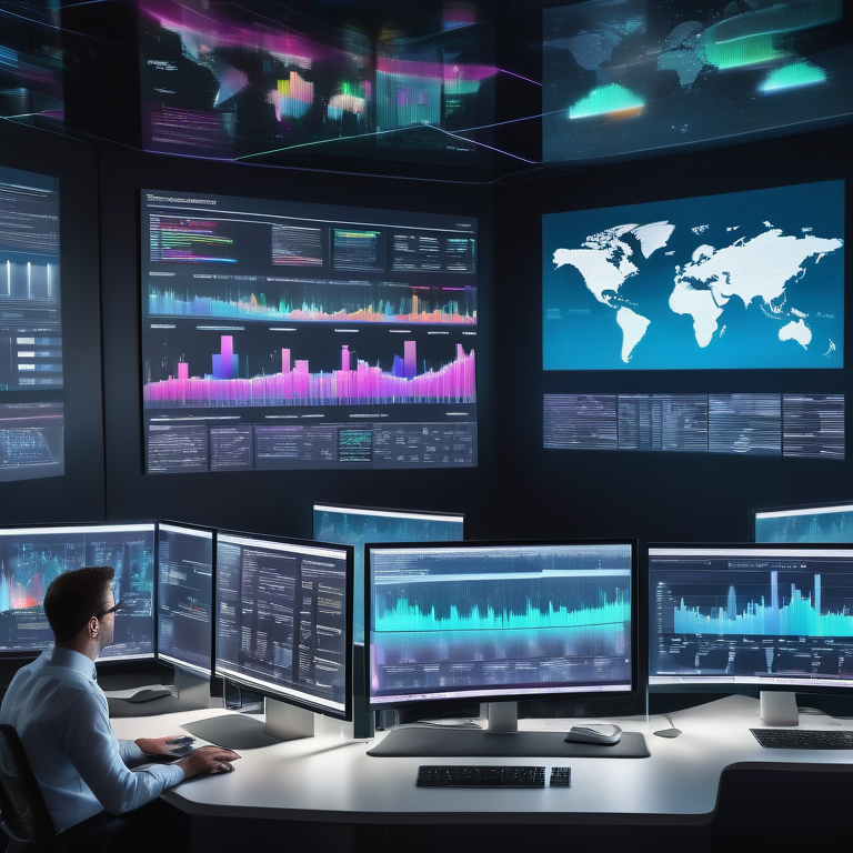 An individual uses an advanced holographic Ad Manager interface in a modern, tech-driven office.