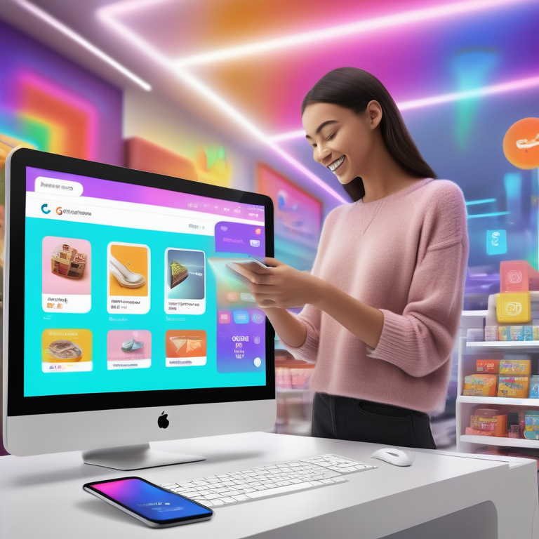 A delighted shopper interacts with a 'Buy Now' button amidst floating digital ads in a vibrant online market.