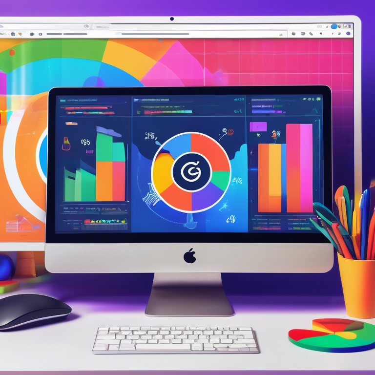 Brightly colored display of Google Ads analytics and marketing strategy icons on a desktop screen.