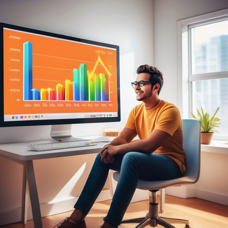 Person at a computer with upward-trending graphs, reflecting success in online ad campaigns.