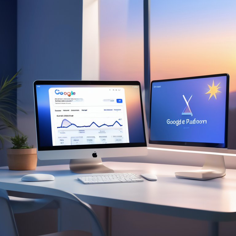 Desktop screen with Google Ads interface, balanced scale and five-star rating, against a blue gradient background.