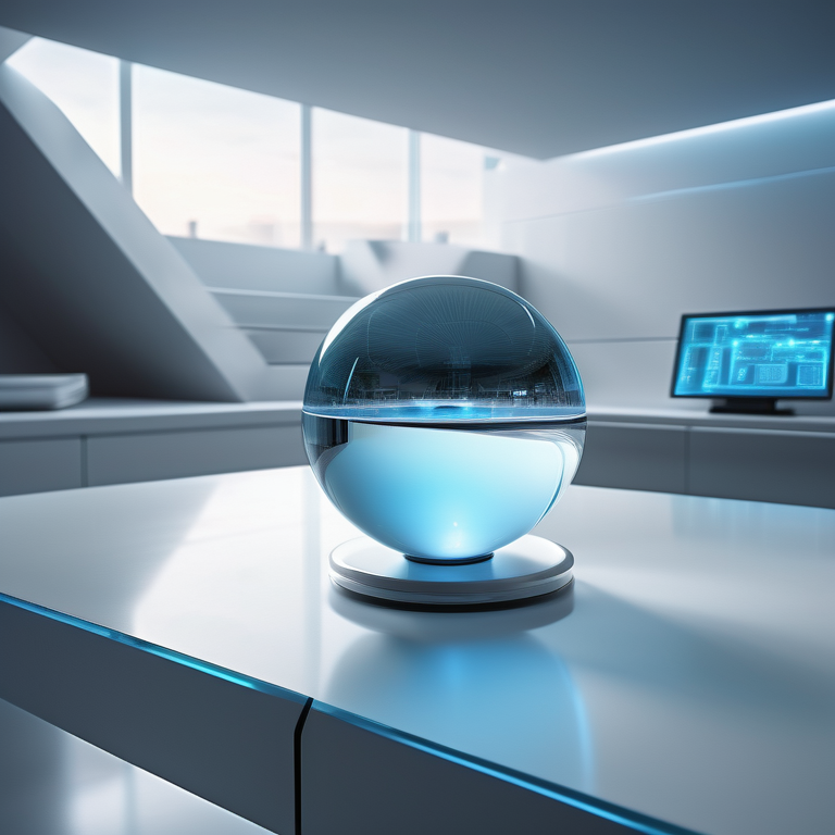Futuristic orb with holograms above a console, symbolizing advanced content management.