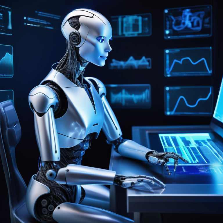 A humanoid robot engages with futuristic tech and holographic displays in an advanced enterprise setting.