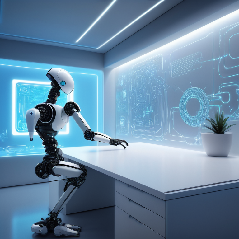 Robot arm holding a luminescent orb in a futuristic office setting, representing AI technology advancements.