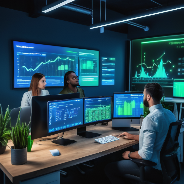 Professionals in an office focusing on computers with keyword stats and a central KeywordSearch AI display.