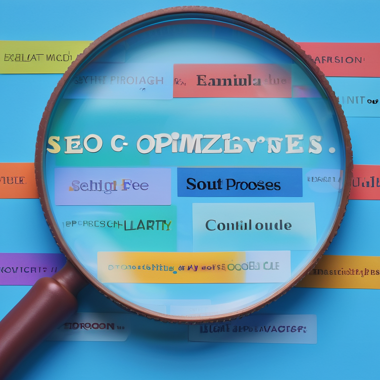 Magnifying glass highlighting keywords like "SEO" and "Google" on a glowing blue background.