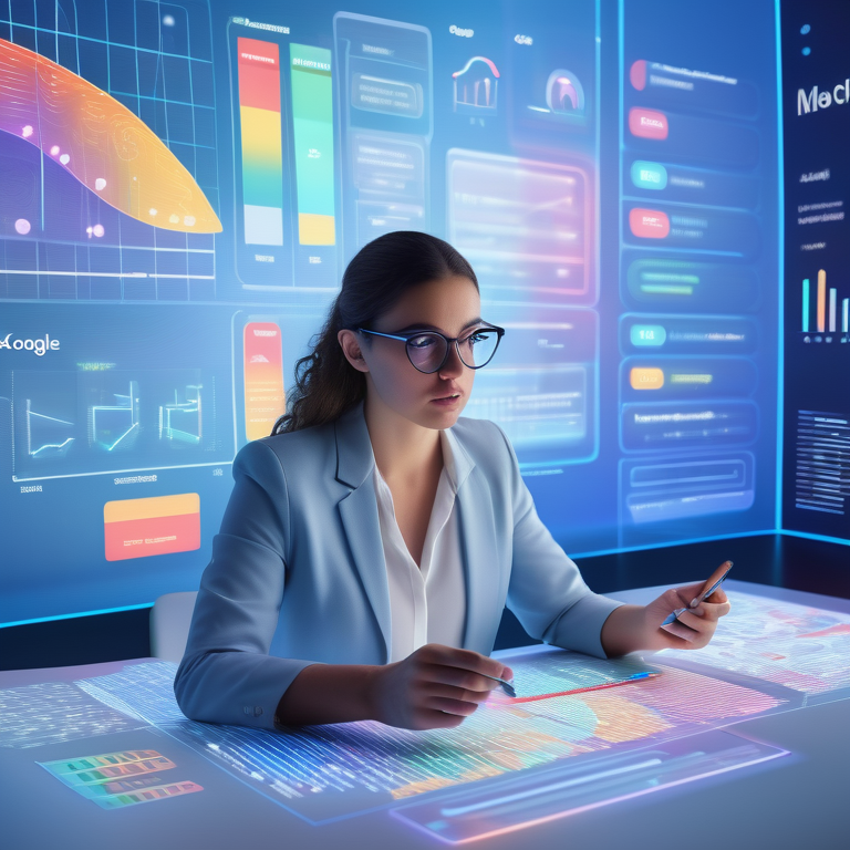 A person engaging deeply with a futuristic 3D Google Ads interface filled with floating keywords and analytics graphs.