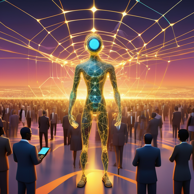 Digital landscape with humanoids networking around a radiant "Lastlink" hub, symbolizing connection and success.