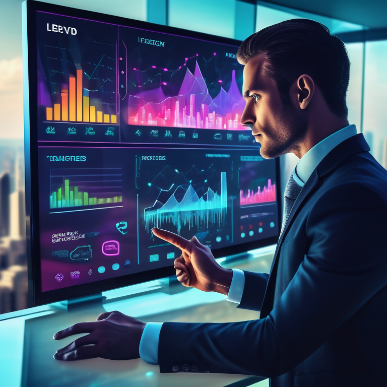 Salesperson interacts with a digital sales dashboard against a cityscape backdrop, symbolizing successful strategies.