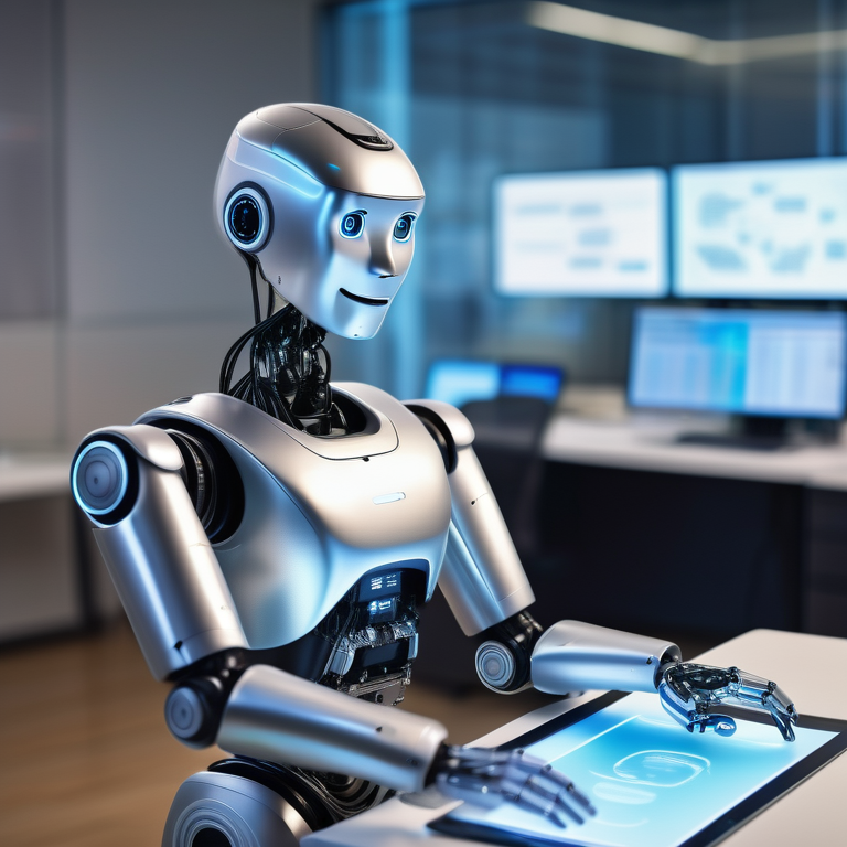 Humanoid robot engaging with a holographic Whatfix platform in a futuristic office setting.