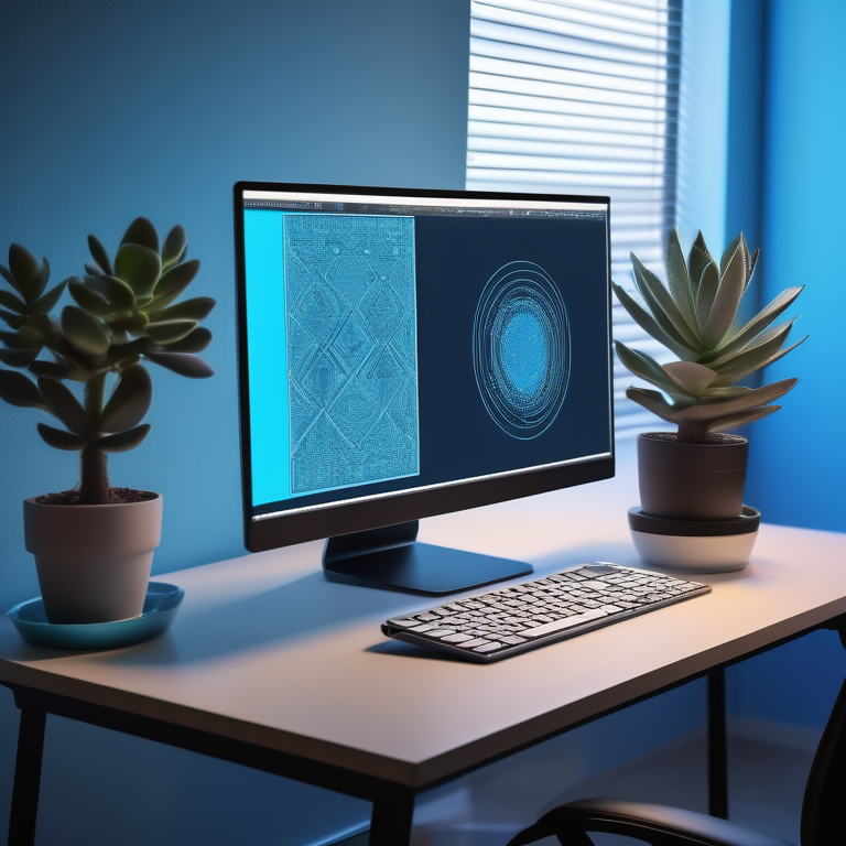 Computer screen with AI photo editing software and half-removed background on display, with graphic tablet and plant on the desk.