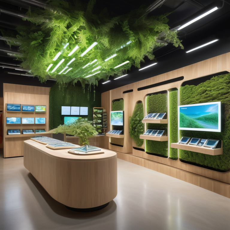 Futuristic AI-enabled retail store integrated with natural elements, illuminating advanced technology in a shopper-friendly atmosphere.