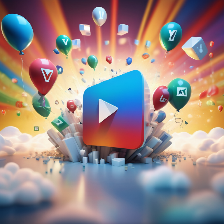 Central YouTube play button with surrounding AdWords logos in a dynamic digital marketing-themed illustration.