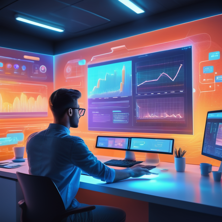 A marketer designs a YouTube ad on a holographic interface with floating analytics in a lively, color-infused office.