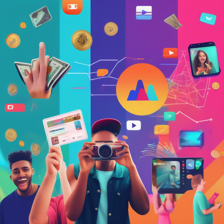 Collage of people filming videos, an upward trend graph, a wallet with coins, and the YouTube logo, conveying affordable advertising.