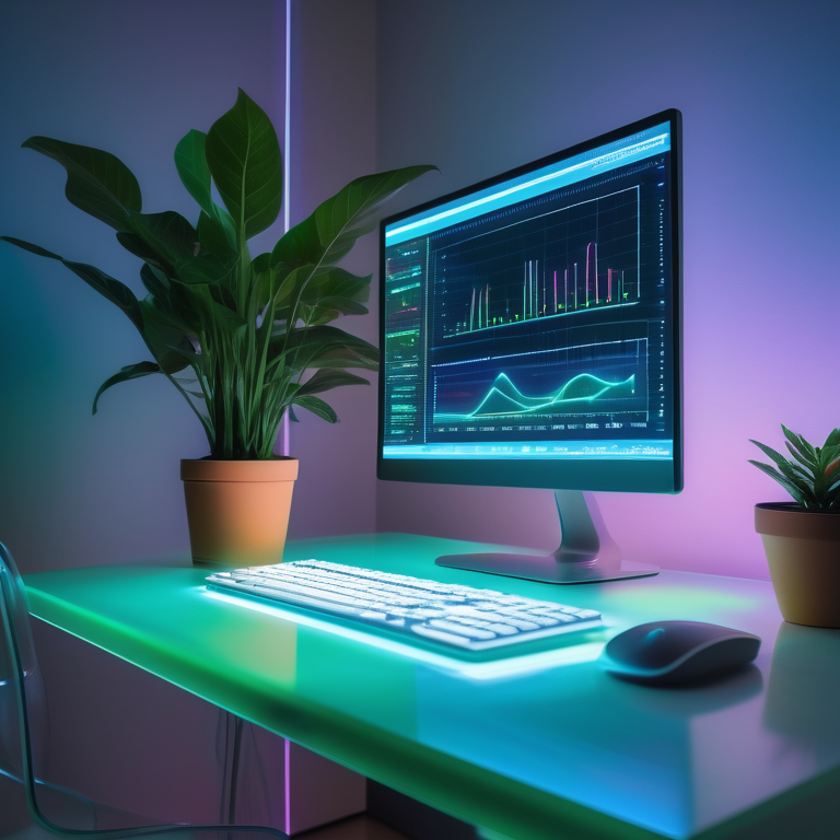 Futuristic computer displaying AI insights with ambient lighting and a potted plant in a serene workspace.