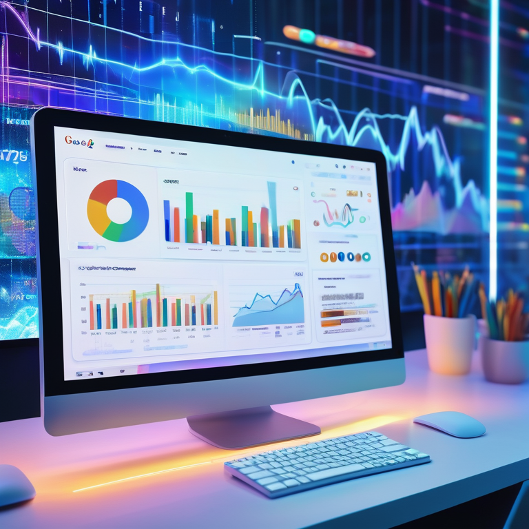 Computer screen with Google Ads data, holographic coins and trend graphs, in a blurred office setting.
