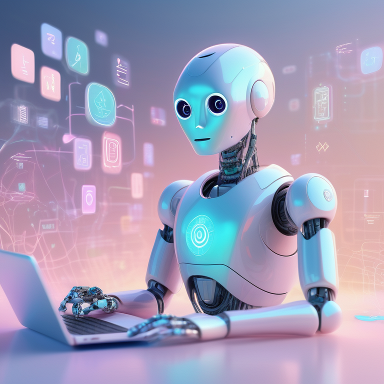 An AI robot interacts with a holographic interface, surrounded by floating writing icons.