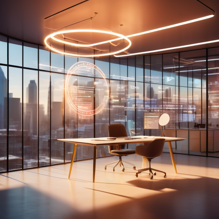 Golden light illuminating an office with a virtual magnifying glass highlighting keywords and data, with floating neon analytics.