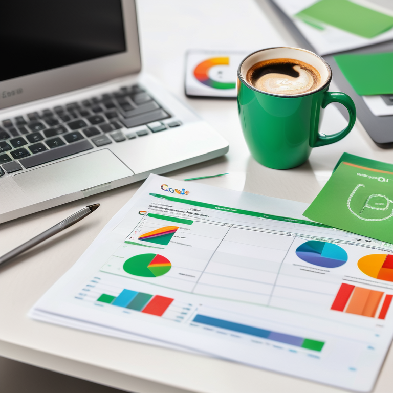 Modern desk with a checked checklist, laptop with Google Ads, coffee, and vibrant graphs indicating a productive advertising setup.