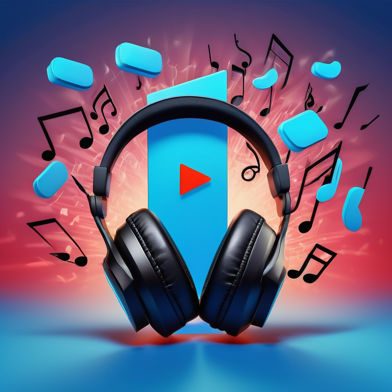 Play button, musical notes, and headphones symbolizing YouTube ads for music promotion.