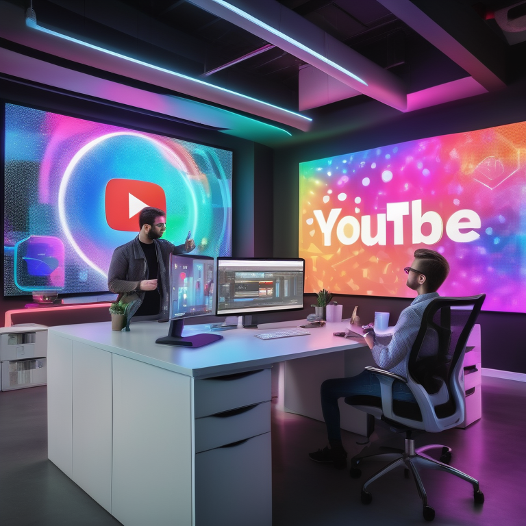 Young marketer gesturing towards a holographic YouTube logo in a lively office with ad metrics in the background.
