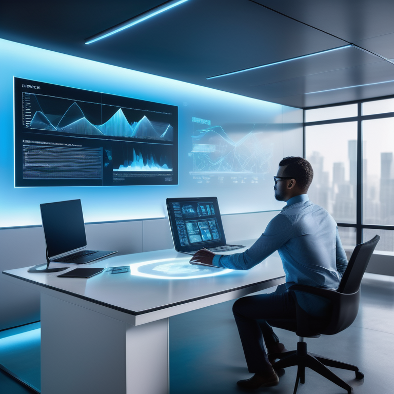 Professional interacting with floating holographic interfaces in a futuristic office setting.