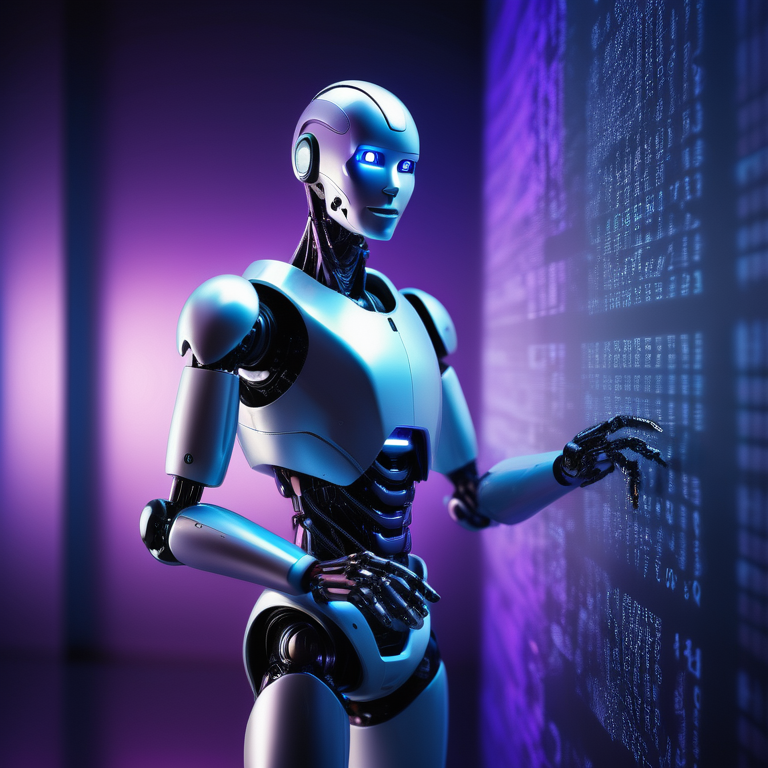 Humanoid robot holding a radiant orb with binary code on walls in a dimly lit room.