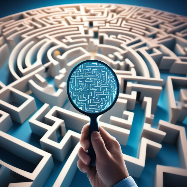 A person using a magnifying glass to inspect a key-shaped maze against a circuit board background, symbolizing keyword research in SEO.